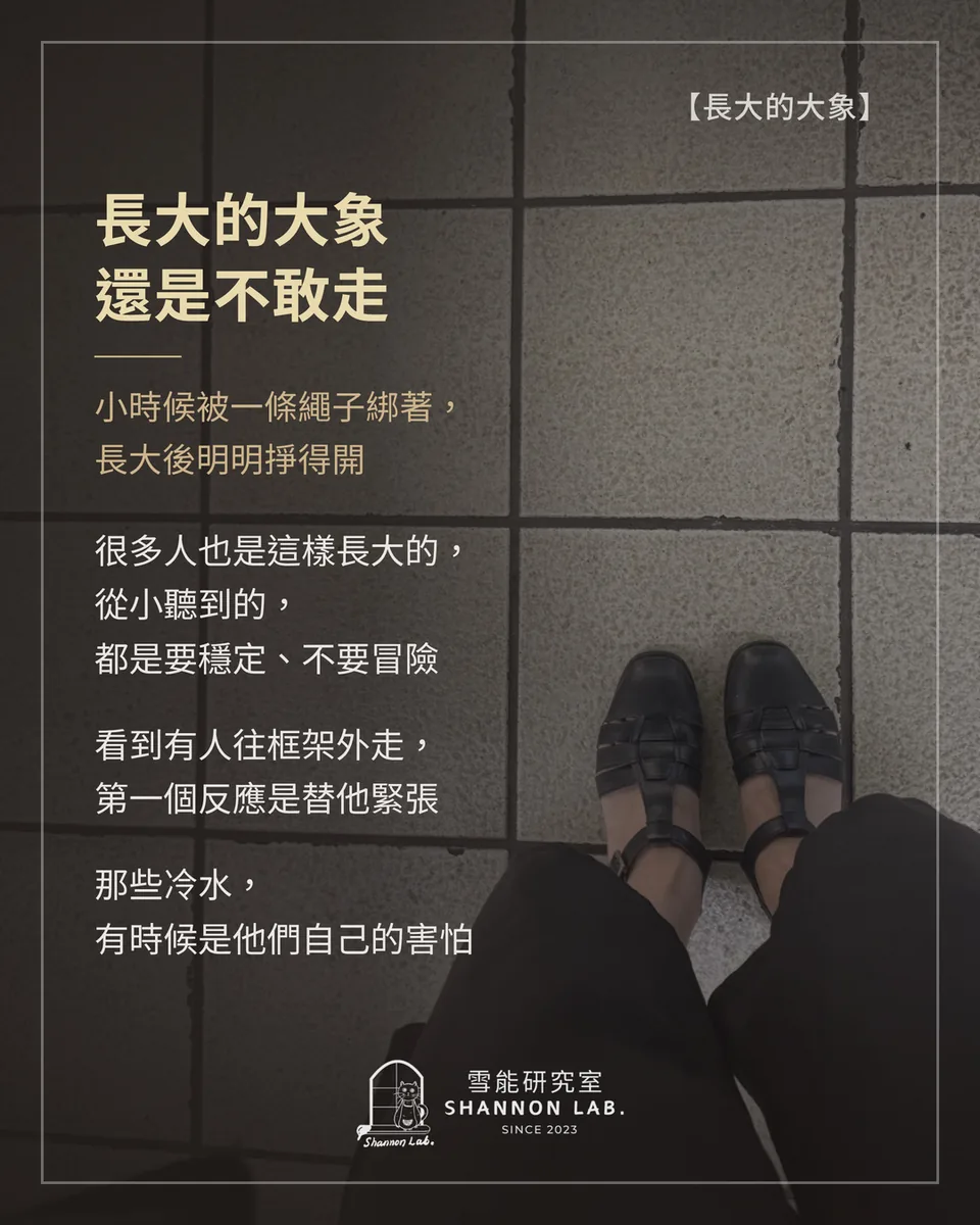 【長大的大象】 長大的大象 還是不敢走 小時候被一條繩子綁著， 長大後明明掙得開 很多人也是這樣長大的， 從小聽到的， 都是要穩定、不要冒險 看到有人往框架外走， 第一個反應是替他緊張 那些冷水， 有時候是他們自己的害怕